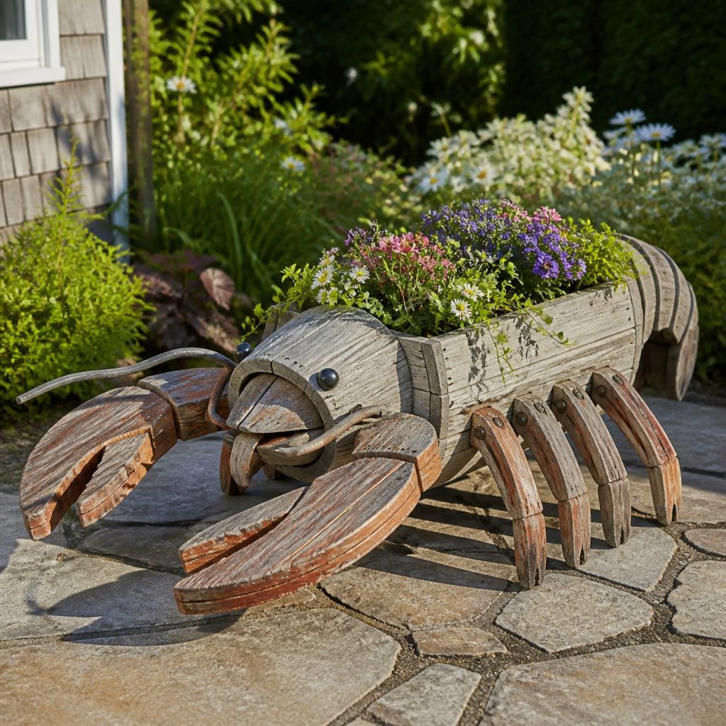 Weathered Cottage Lobster shown as a square photorealistic cedar lobster-shaped garden planter filled with flowers