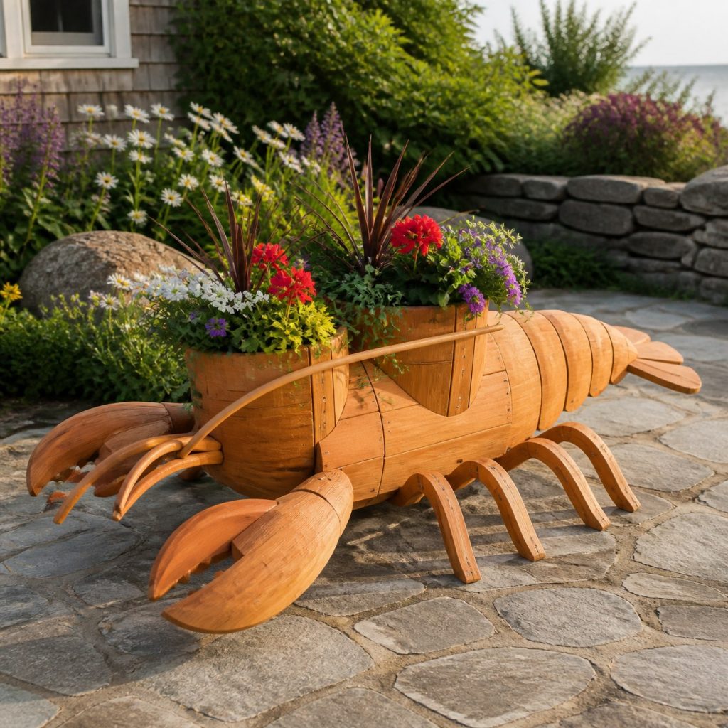 Lobster with Twin Flower Pots shown as a square photorealistic cedar lobster-shaped garden planter filled with flowers