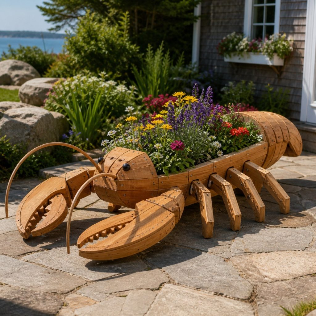 Trailing-Flower Lobster shown as a square photorealistic cedar lobster-shaped garden planter filled with flowers