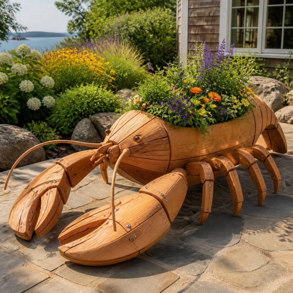 Large Grass-Filled Lobster shown as a square photorealistic cedar lobster-shaped garden planter filled with flowers