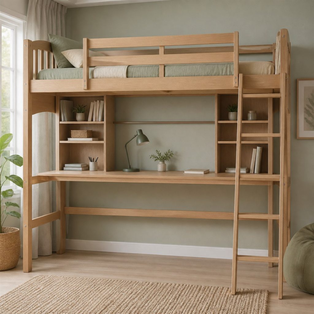 Natural wood loft bed with a full-width study desk