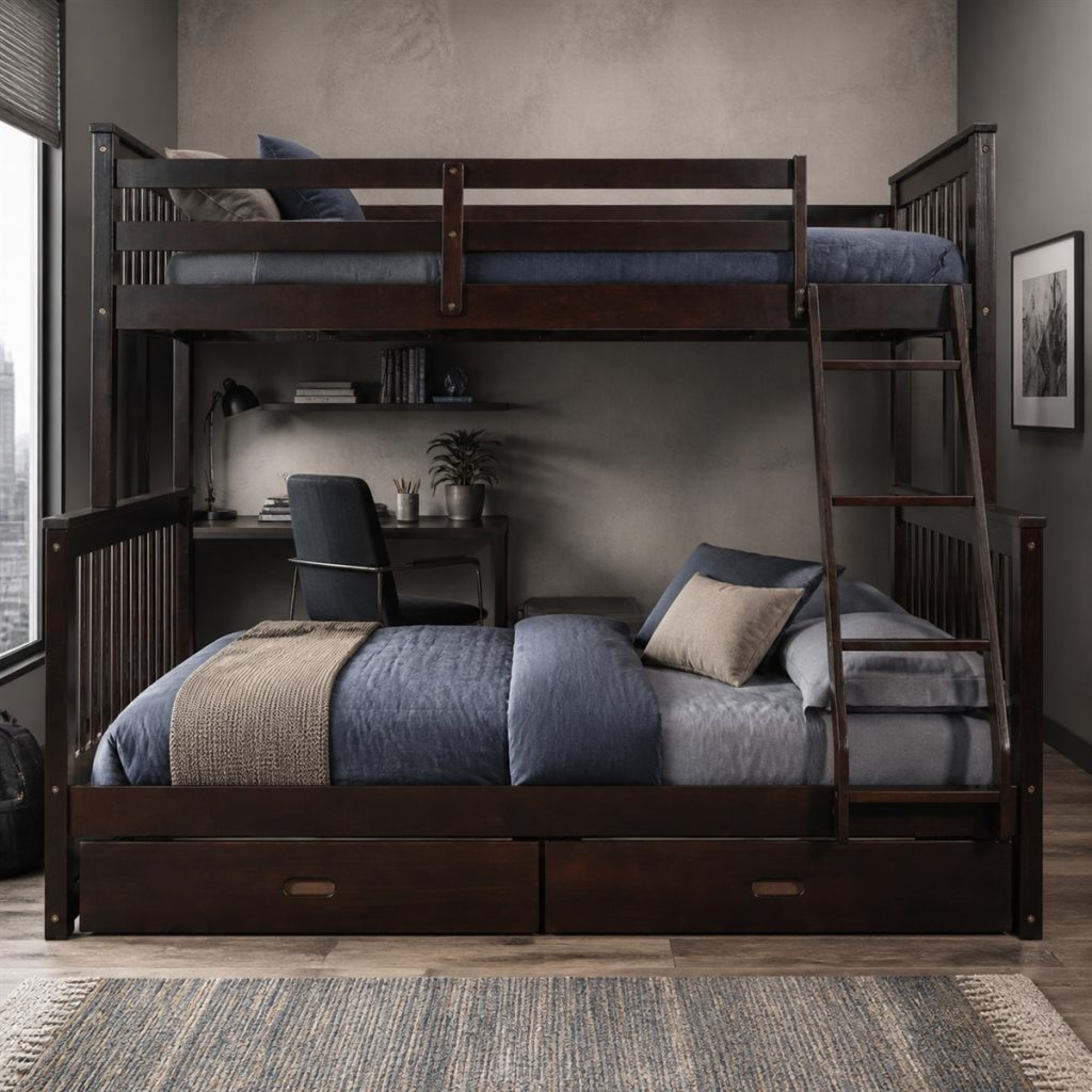 Dark wood loft arrangement with desk, lower bed, and drawers