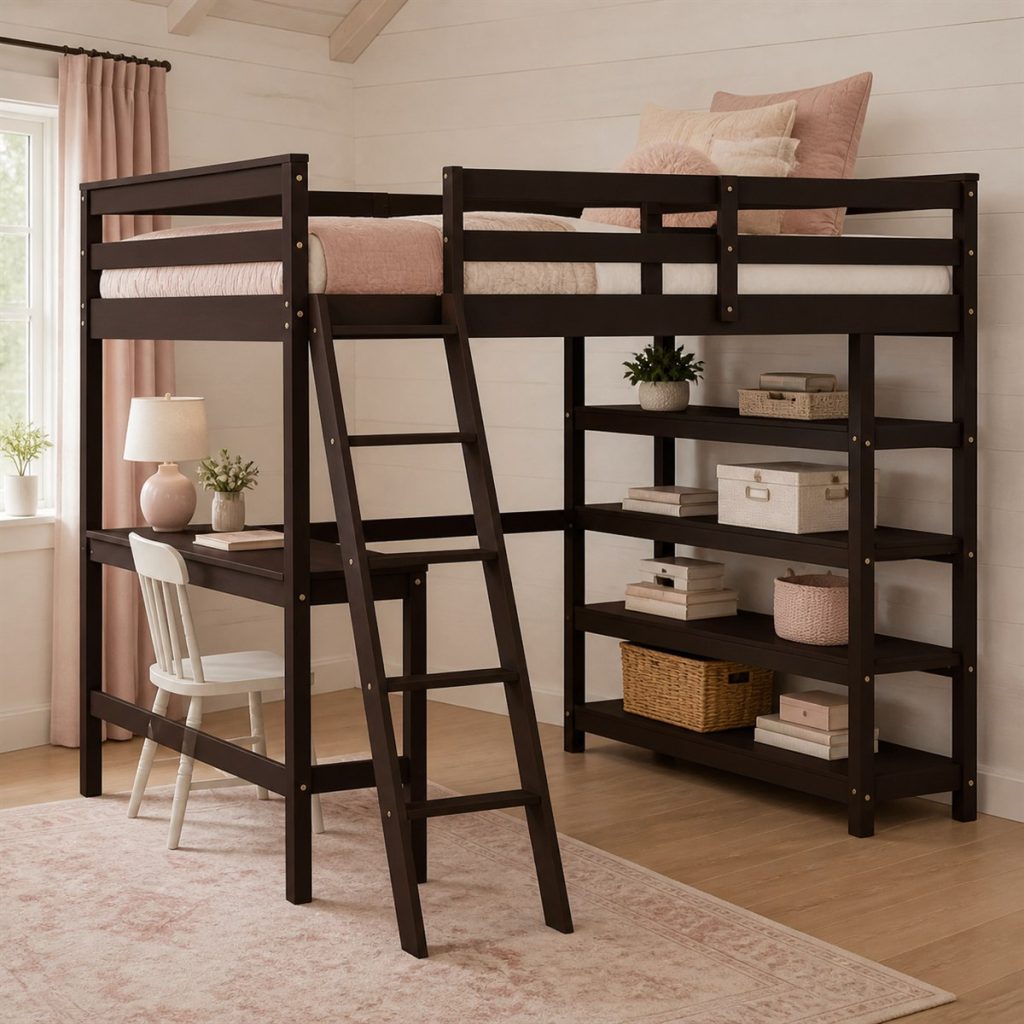 Espresso loft bed with angled ladder and tall shelf tower