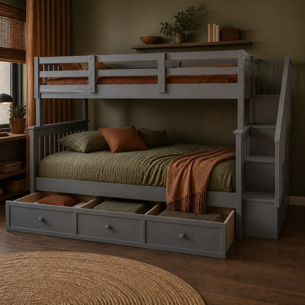 Gray loft bed above full-size lower bed with three drawers
