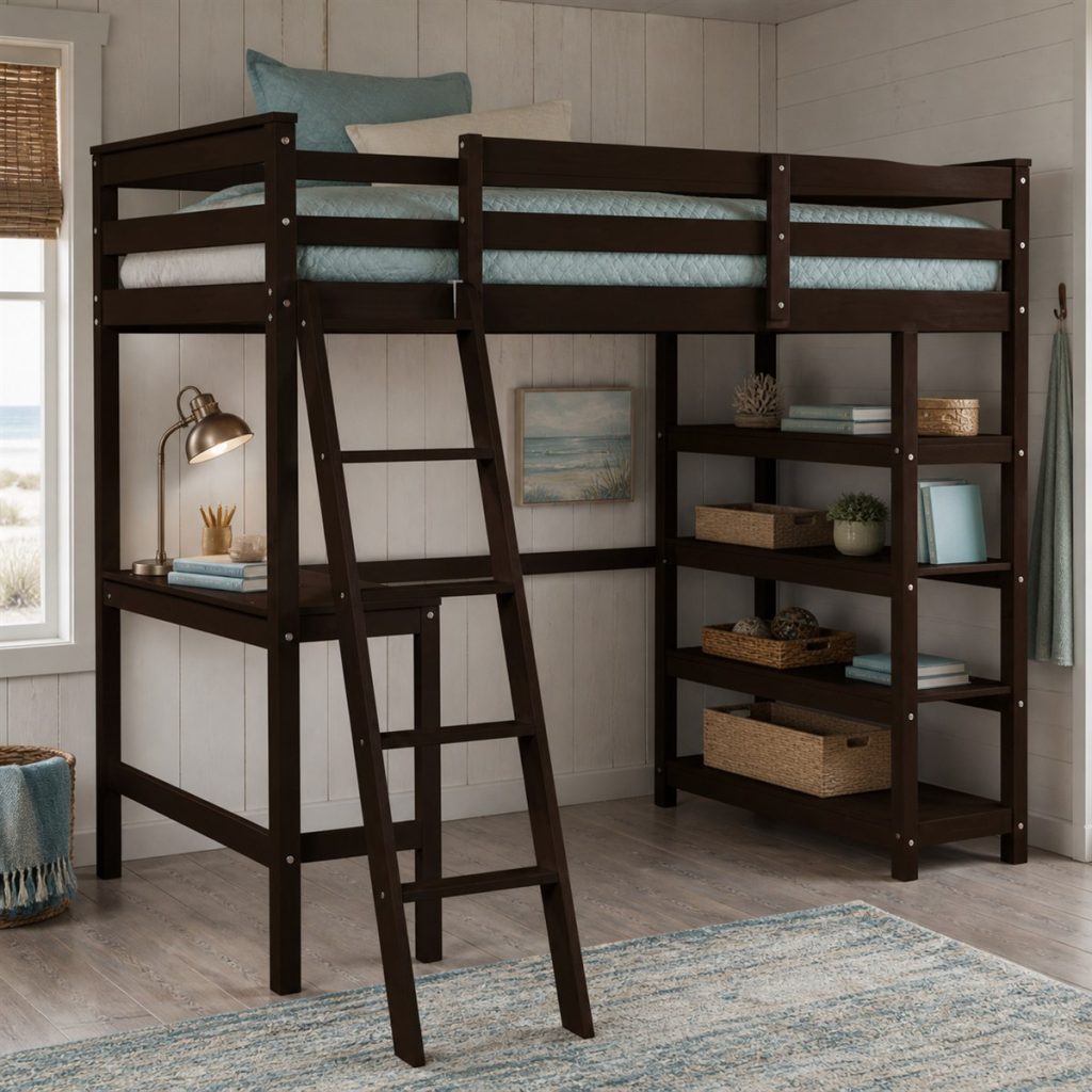 Dark wood loft bed with desk and shelves beneath