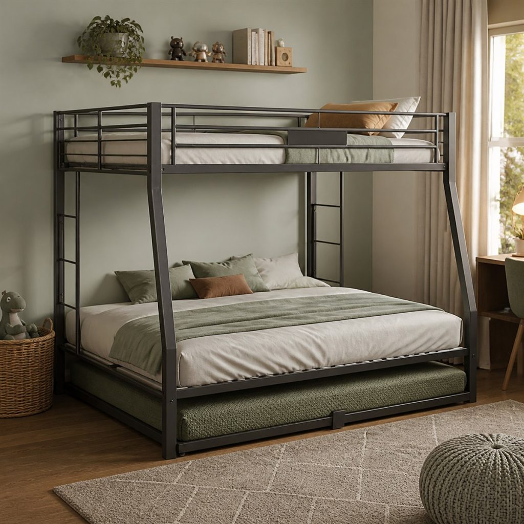 Black loft bed over a low guest bed with trundle