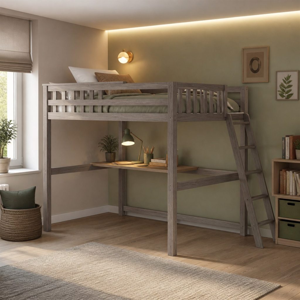 Pale gray loft bed with compact desk and side drawers