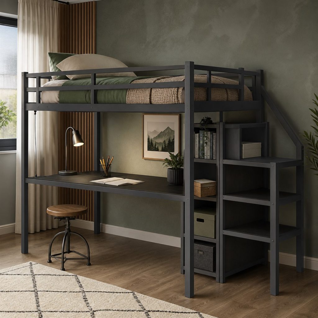 Charcoal loft bed with office desk and cubby storage