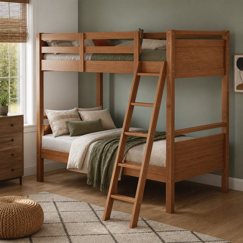 Warm wood loft bed above a lower bed with angled ladder