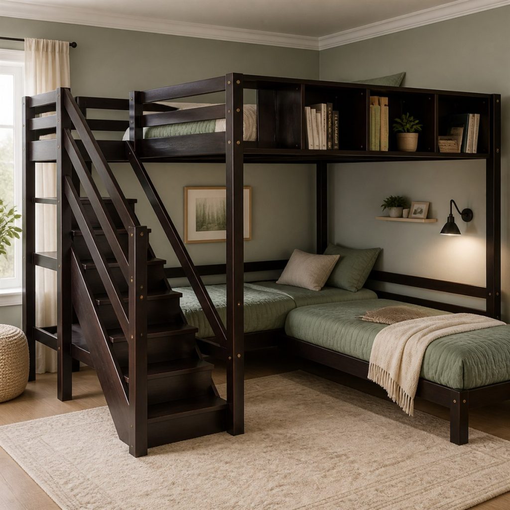 Oak Loft with Built-In Study Desk shown as a square photorealistic smart feature loft bunk bed visualization
