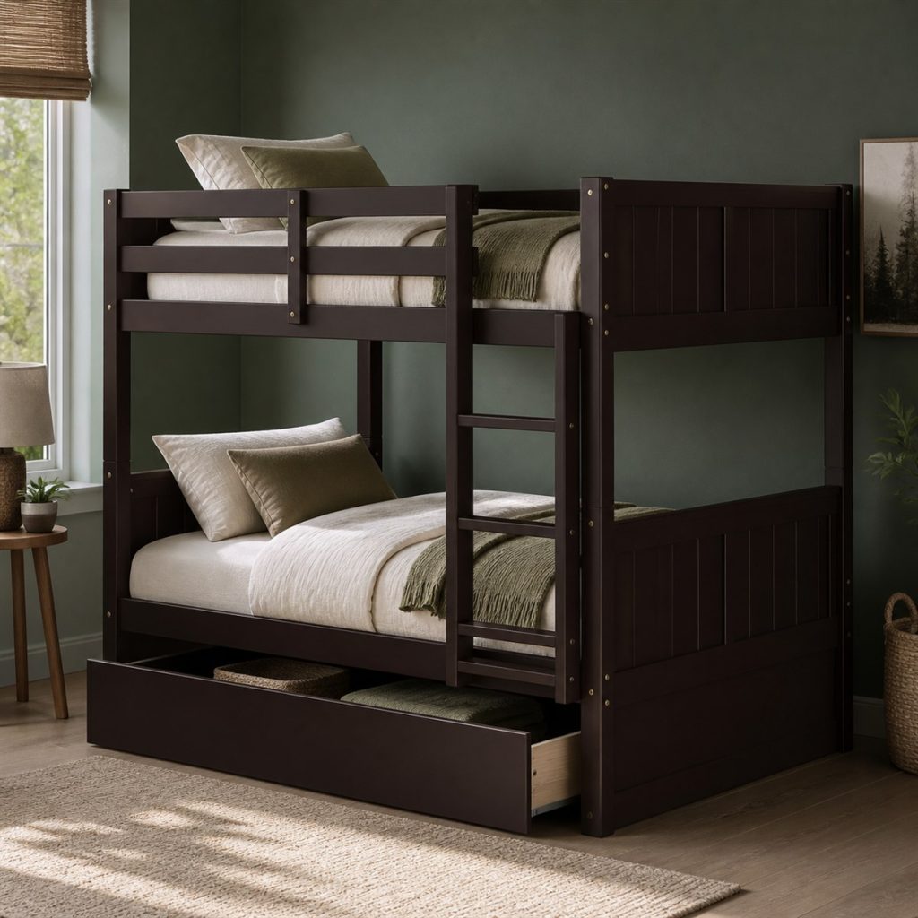 White Loft with Wardrobe and Shelves shown as a square photorealistic smart feature loft bunk bed visualization