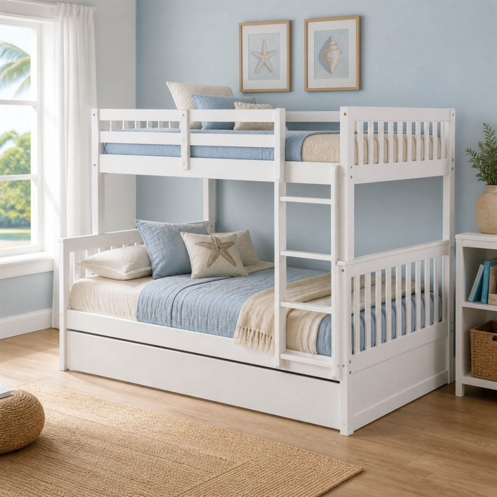 Black Metal Loft with Media Desk shown as a square photorealistic smart feature loft bunk bed visualization