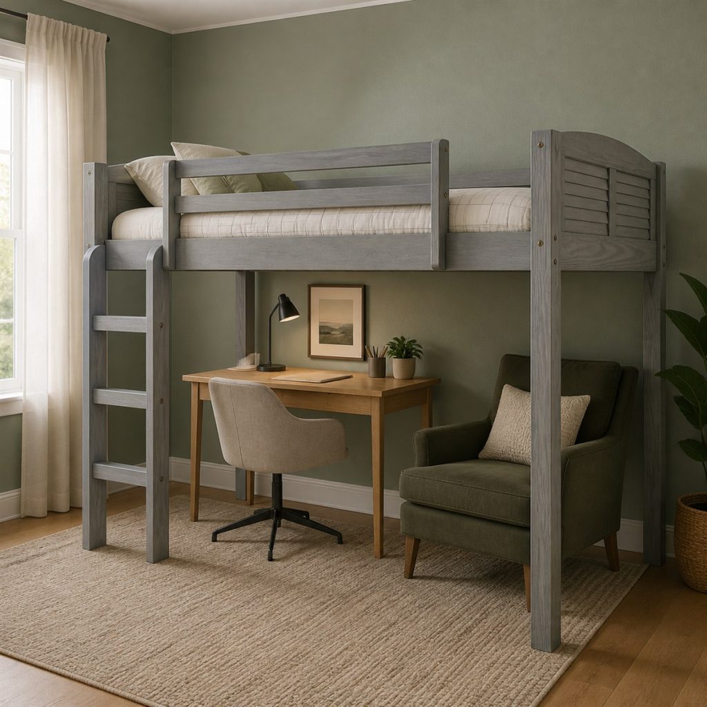 Gray Loft with Reading Bench shown as a square photorealistic smart feature loft bunk bed visualization