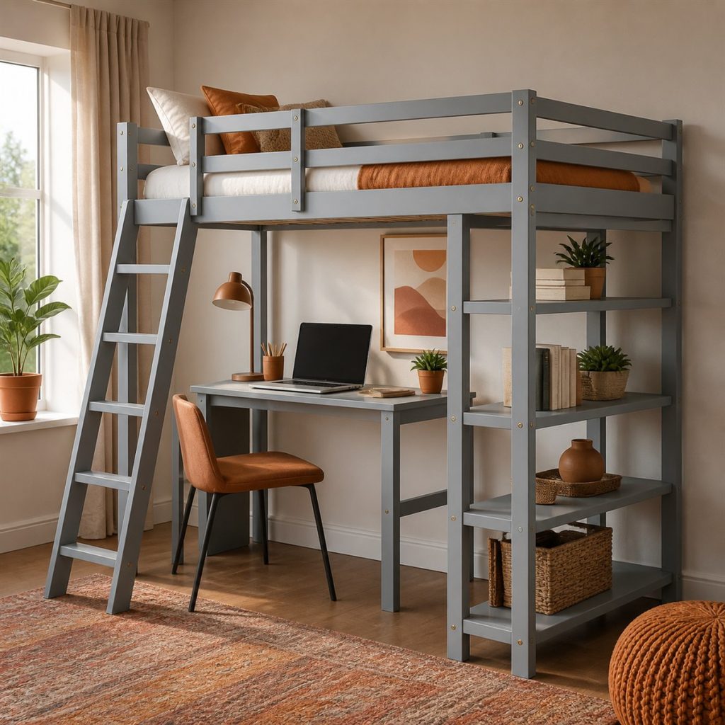 Walnut Loft with Drawer Staircase shown as a square photorealistic smart feature loft bunk bed visualization