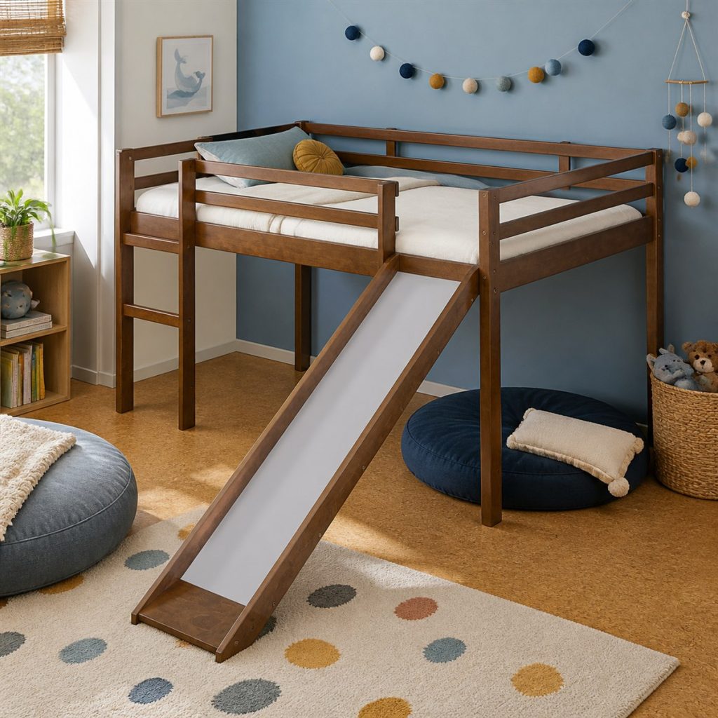 Natural Loft with Guest Daybed shown as a square photorealistic smart feature loft bunk bed visualization