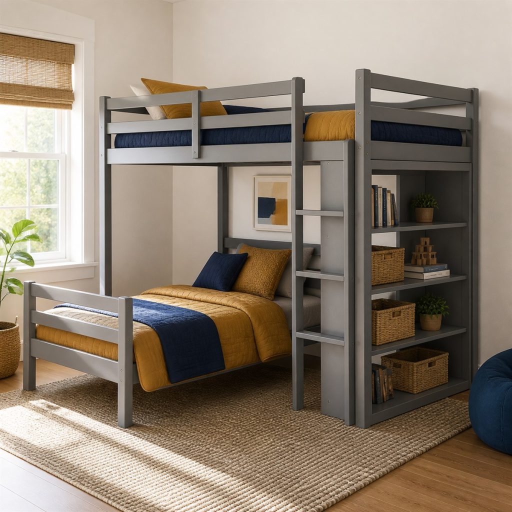 House-Frame Loft with Play Nook shown as a square photorealistic smart feature loft bunk bed visualization