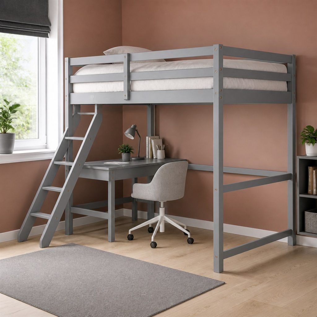 Charcoal Loft with Compact Cabinet shown as a square photorealistic smart feature loft bunk bed visualization