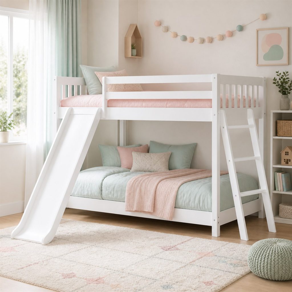White Loft with Corner Bookcase shown as a square photorealistic smart feature loft bunk bed visualization