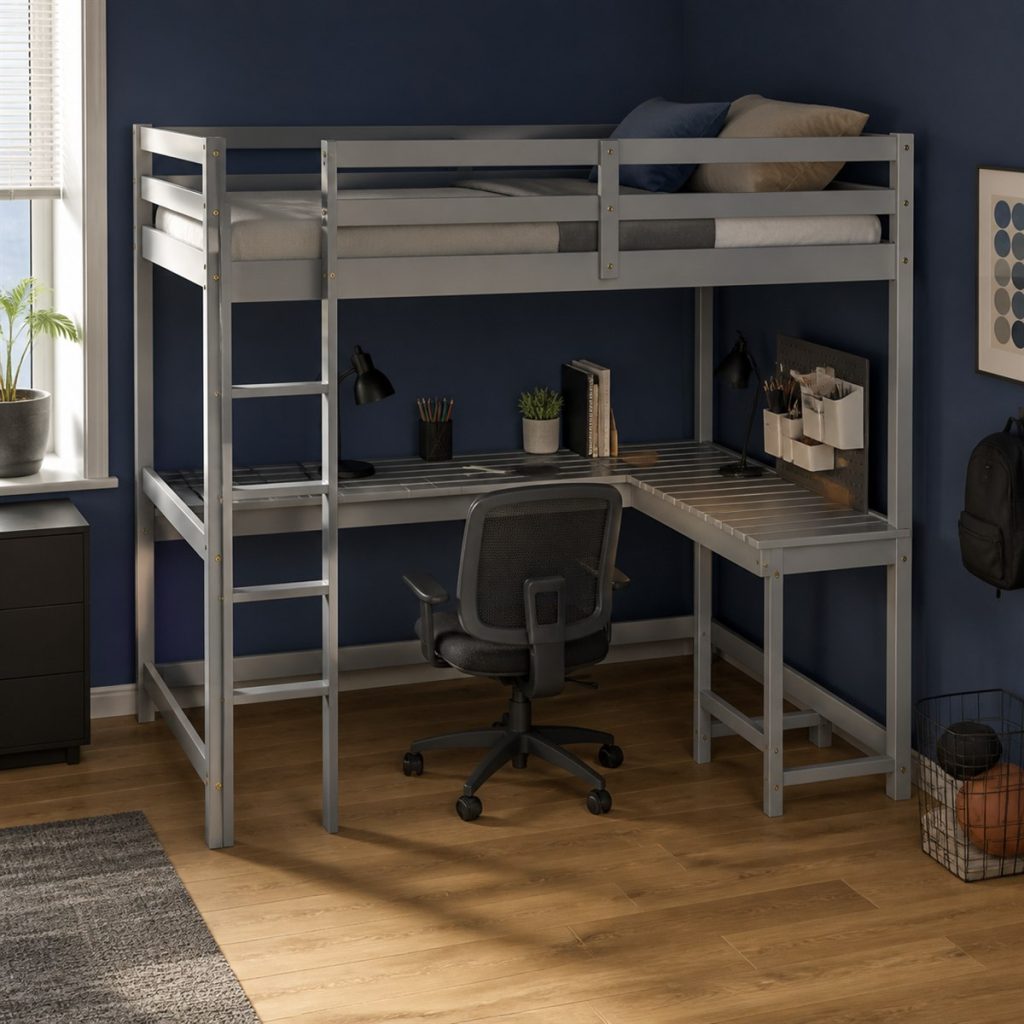 Minimal Wood Loft with Open Workspace shown as a square photorealistic smart feature loft bunk bed visualization
