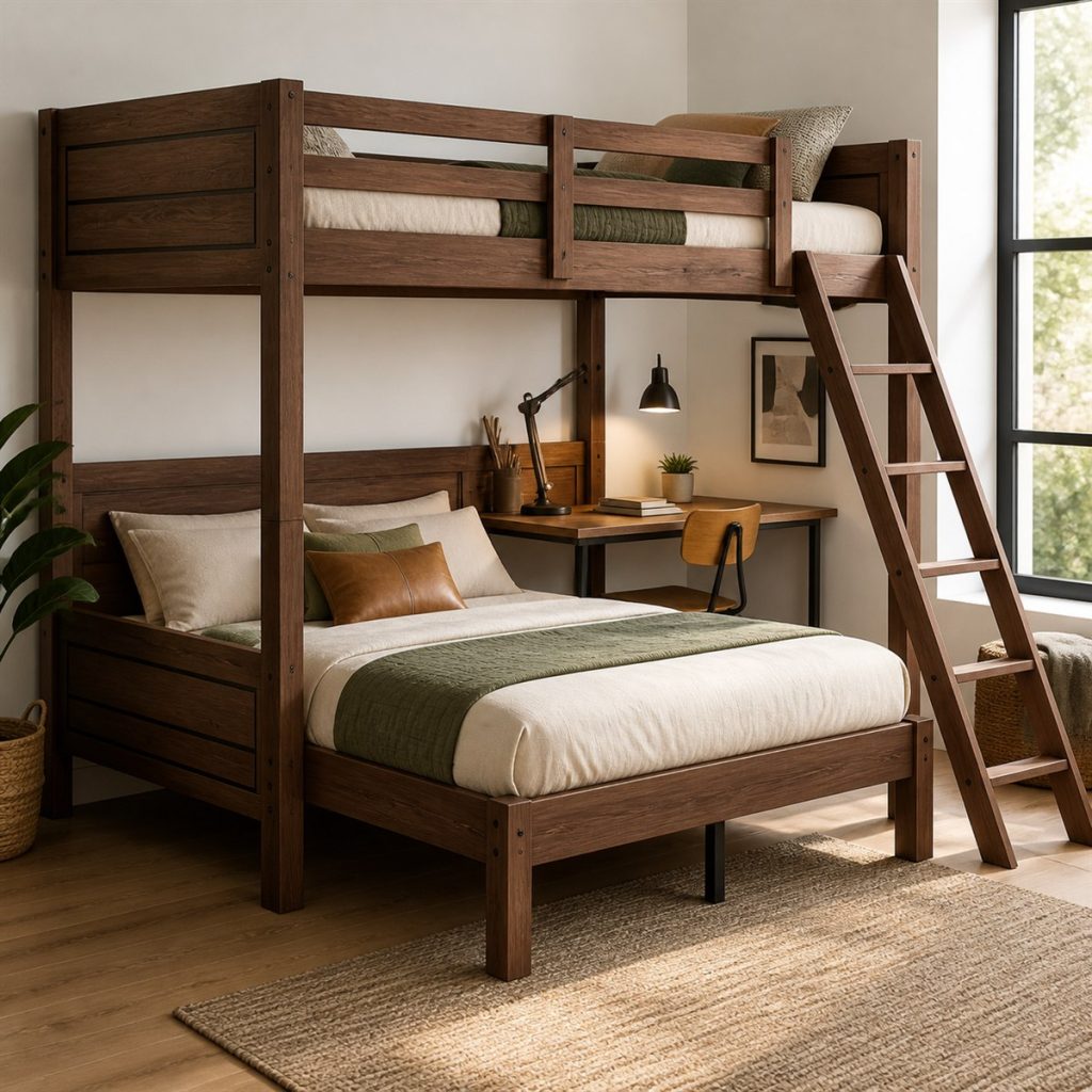 Walnut Loft over a Warm Study Nook shown in a square photorealistic loft bunk bed desk and shelf visualization