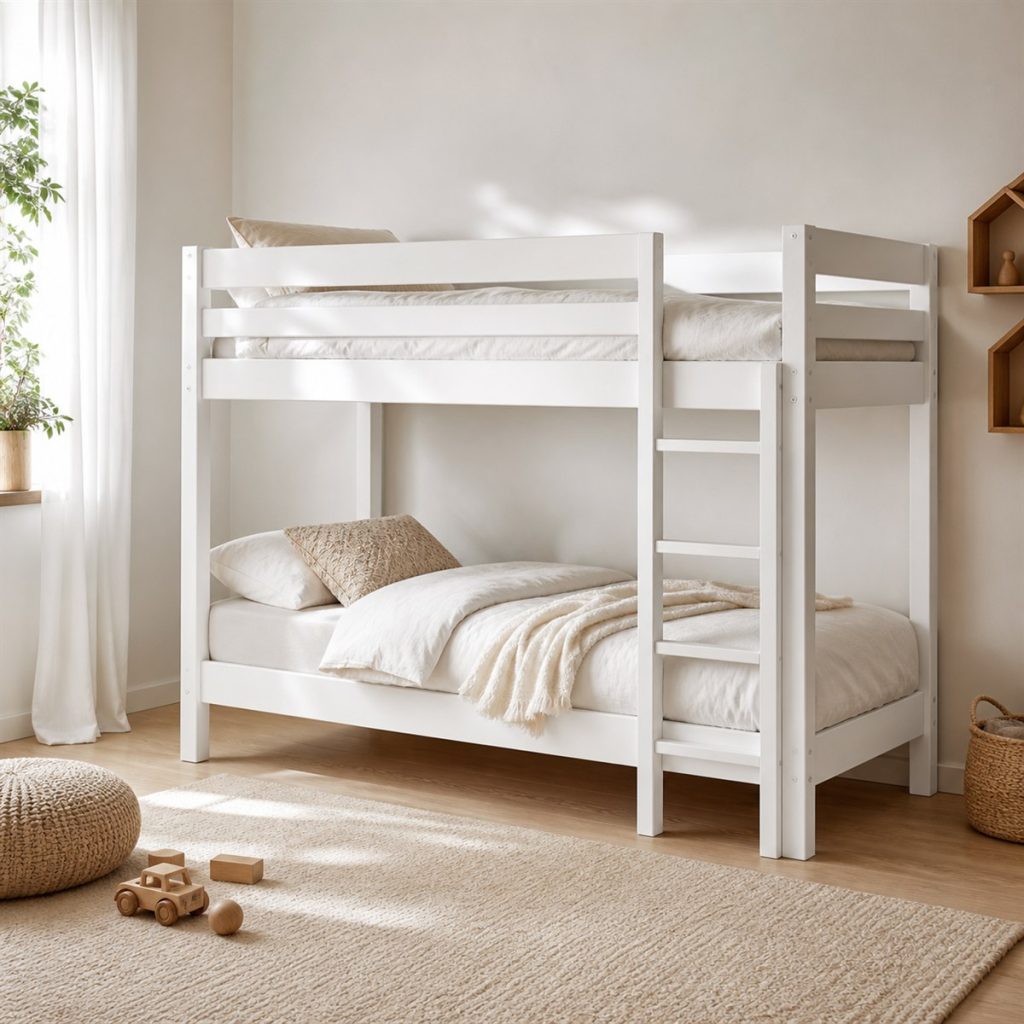 White Loft with Lower Guest Bed shown in a square photorealistic loft bunk bed desk and shelf visualization