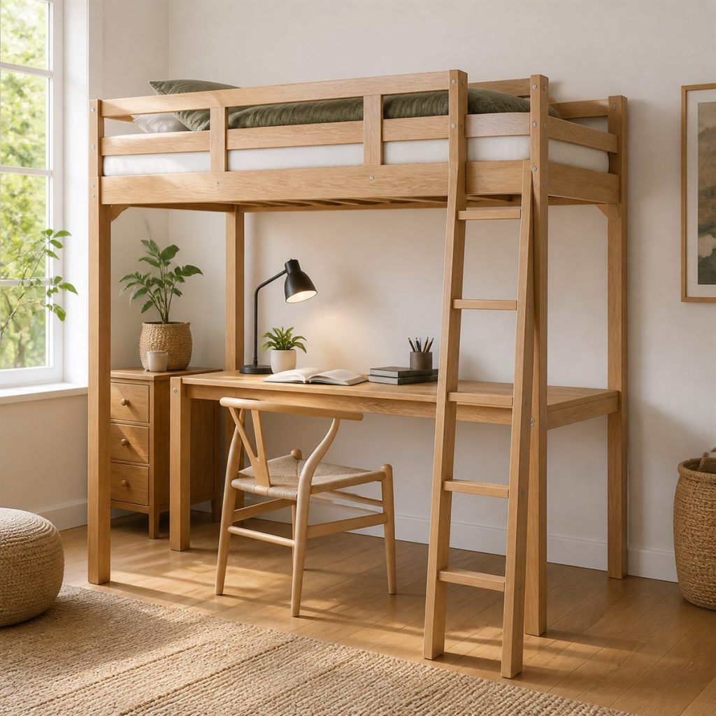 Natural Oak Loft with Writing Desk shown in a square photorealistic loft bunk bed desk and shelf visualization