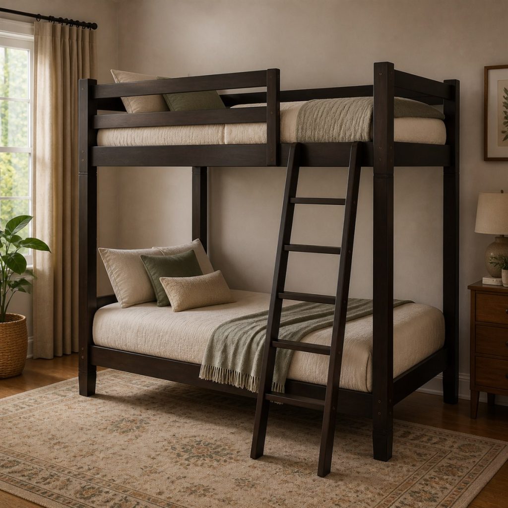 Espresso Twin Bunk with Open Lower Bed shown in a square photorealistic loft bunk bed desk and shelf visualization