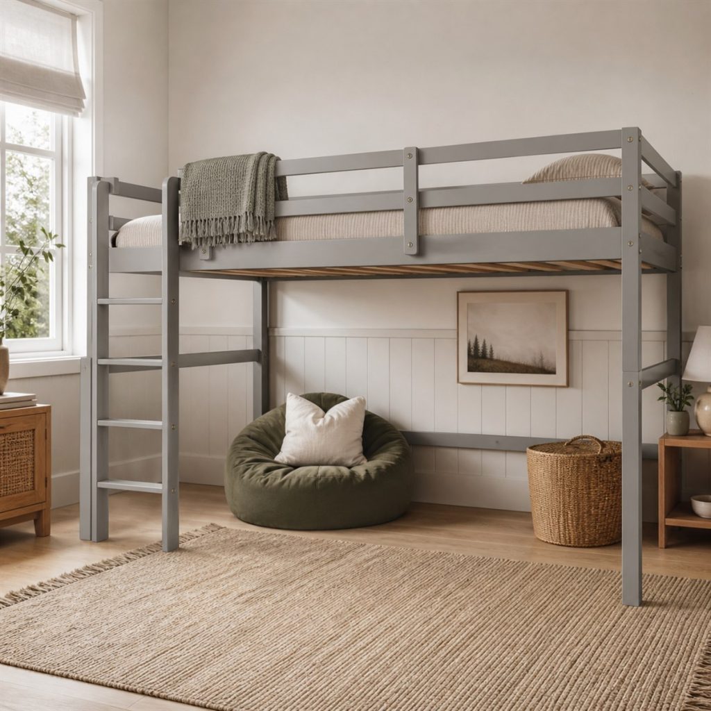 Soft Gray Loft with Reading Space shown in a square photorealistic loft bunk bed desk and shelf visualization