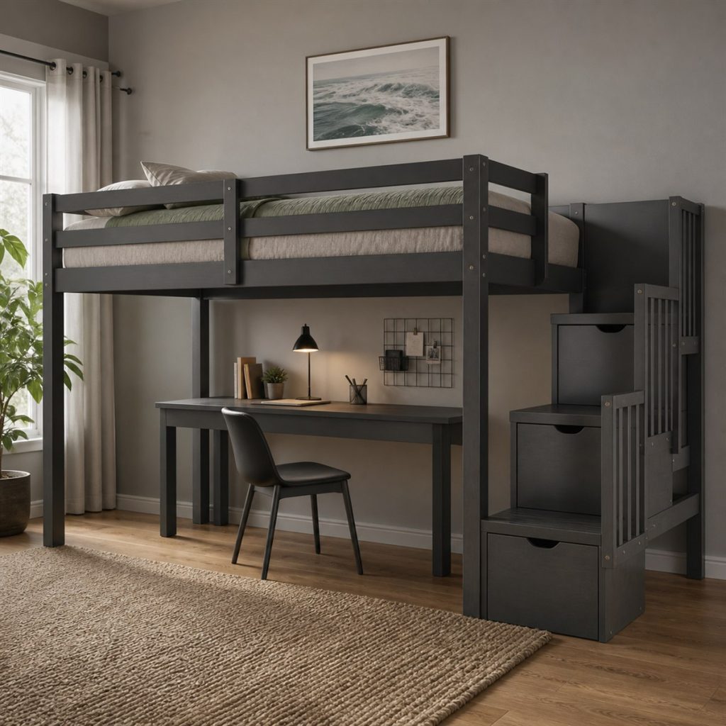 Charcoal Loft with Storage Stair Desk shown in a square photorealistic loft bunk bed desk and shelf visualization