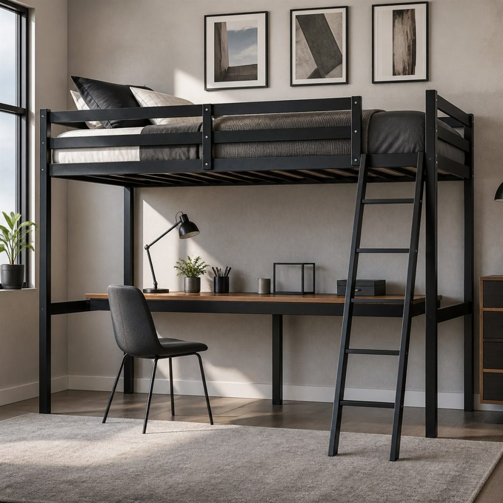 Black Metal Loft with Long Worktop shown in a square photorealistic loft bunk bed desk and shelf visualization