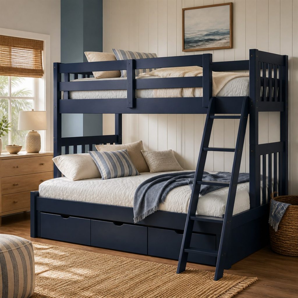 Navy Bunk with Drawer Storage shown in a square photorealistic loft bunk bed desk and shelf visualization