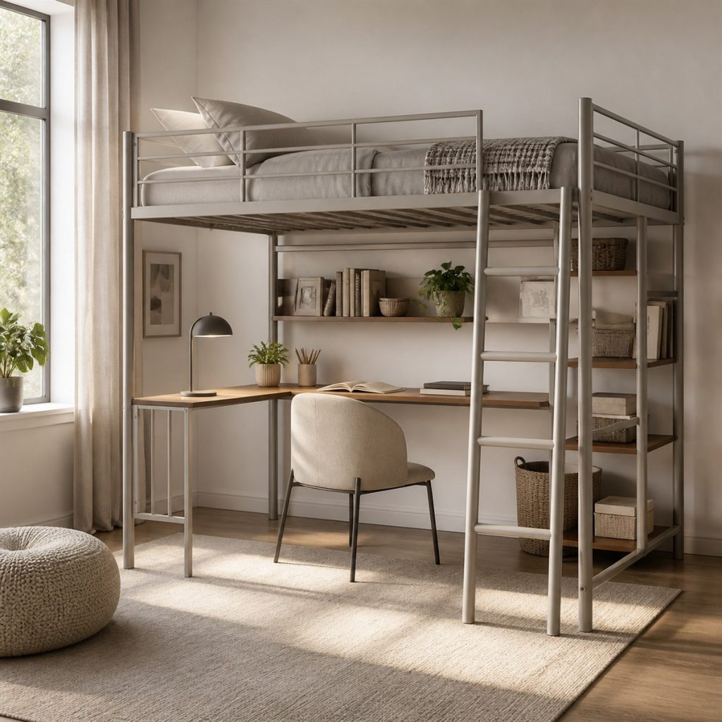 Greige Metal Loft with Corner Shelves shown in a square photorealistic loft bunk bed desk and shelf visualization