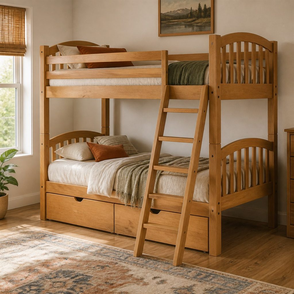 Honey Oak Bunk with Compact Shelving shown in a square photorealistic loft bunk bed desk and shelf visualization