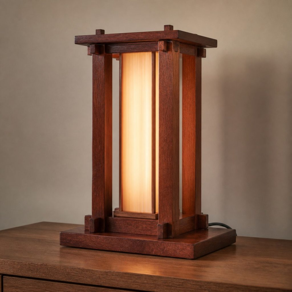 Mahogany Framed Diffuser Lamp shown as an original square photorealistic mahogany wood lamp with authentic grain, warm diffused light, and a short dark power cord