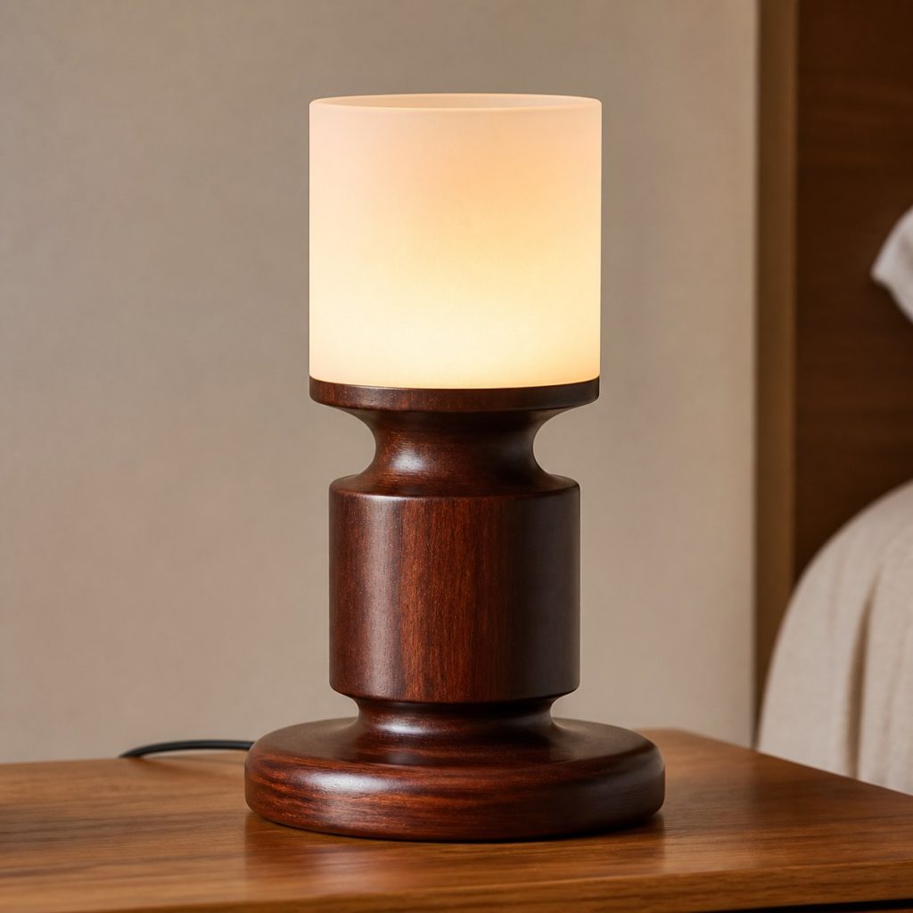 Turned Mahogany Bedside Lamp shown as an original square photorealistic mahogany wood lamp with authentic grain, warm diffused light, and a short dark power cord