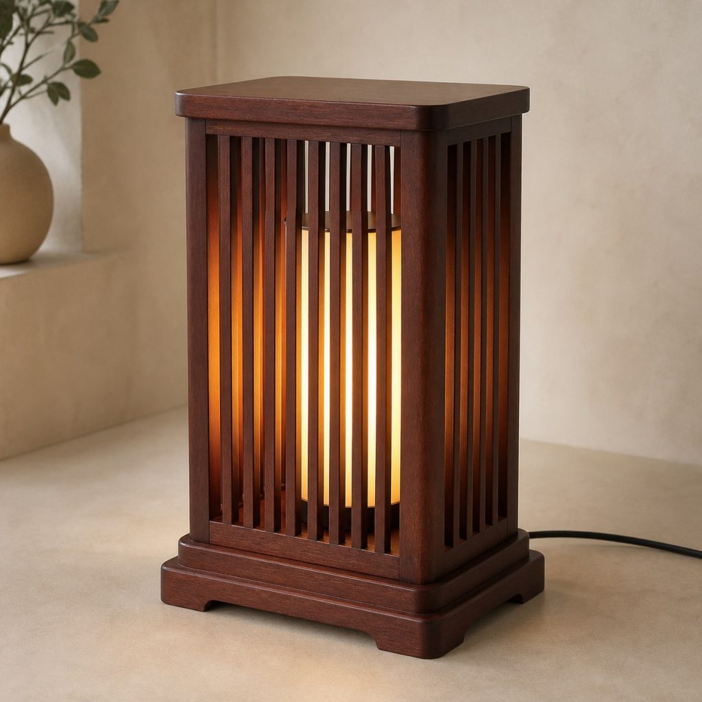 Slatted Mahogany Lantern shown as an original square photorealistic mahogany wood lamp with authentic grain, warm diffused light, and a short dark power cord