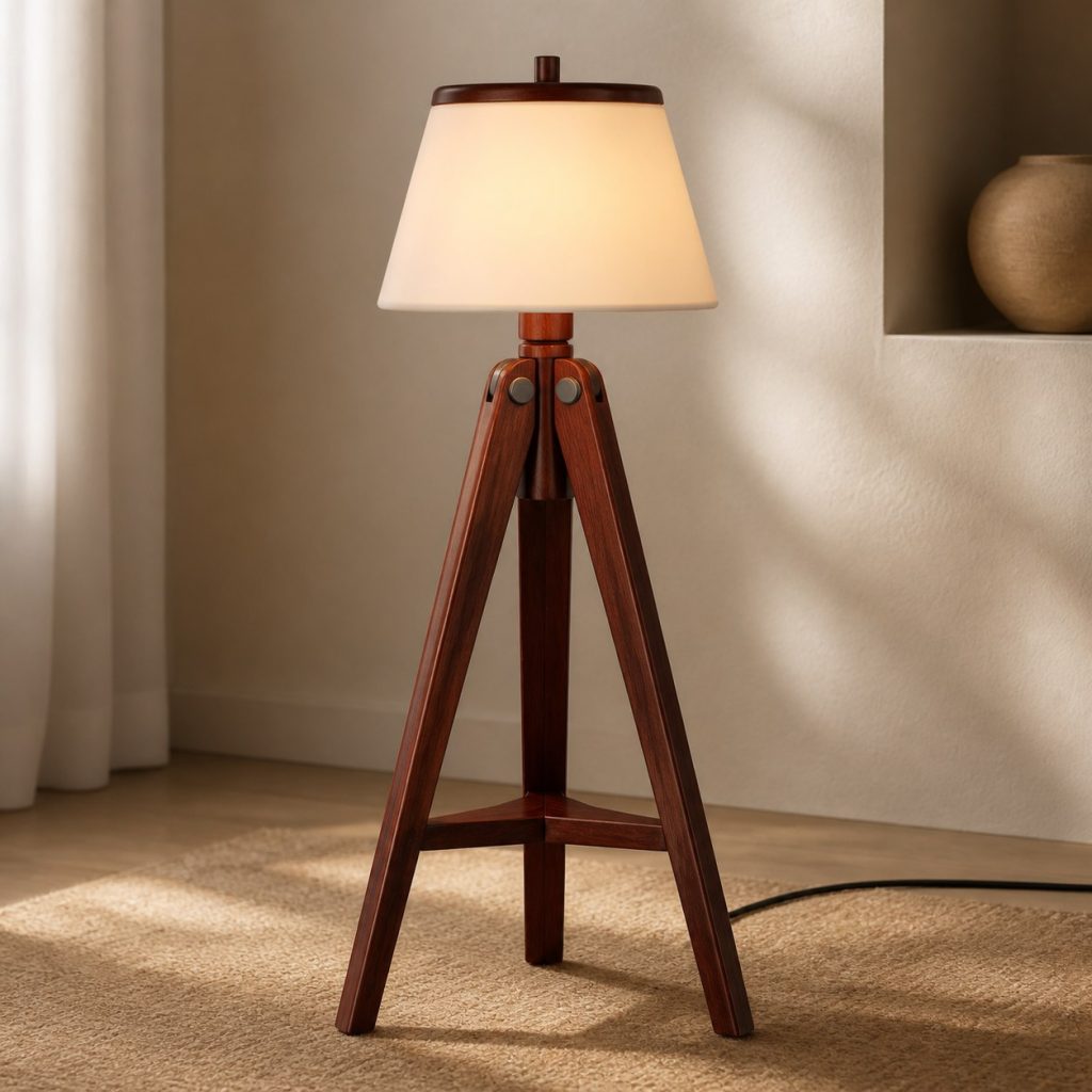 Mahogany Tripod Floor Lamp shown as an original square photorealistic mahogany wood lamp with authentic grain, warm diffused light, and a short dark power cord