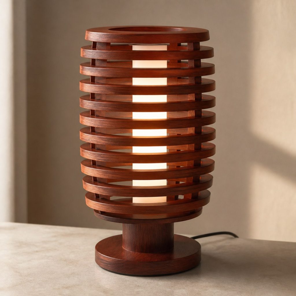 Stacked Mahogany Ring Lamp shown as an original square photorealistic mahogany wood lamp with authentic grain, warm diffused light, and a short dark power cord