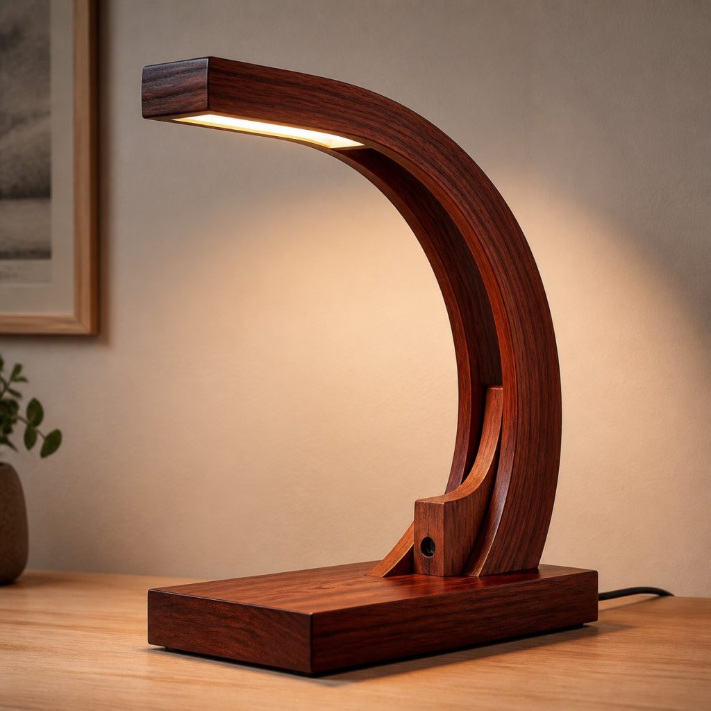 Laminated Mahogany Arch Lamp shown as an original square photorealistic mahogany wood lamp with authentic grain, warm diffused light, and a short dark power cord
