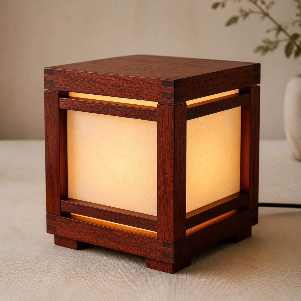Box-Jointed Mahogany Cube Lamp shown as an original square photorealistic mahogany wood lamp with authentic grain, warm diffused light, and a short dark power cord