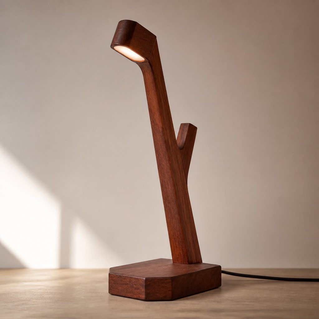 Mahogany Branch Reading Lamp shown as an original square photorealistic mahogany wood lamp with authentic grain, warm diffused light, and a short dark power cord