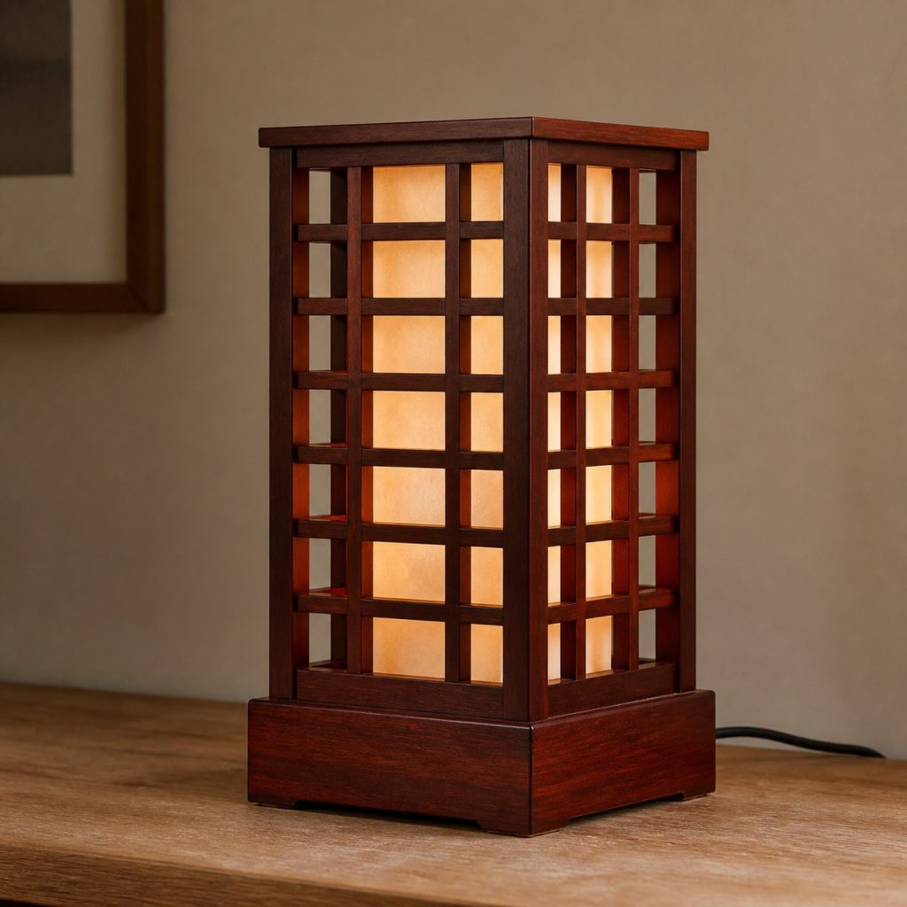Mahogany Lattice Lamp shown as an original square photorealistic mahogany wood lamp with authentic grain, warm diffused light, and a short dark power cord