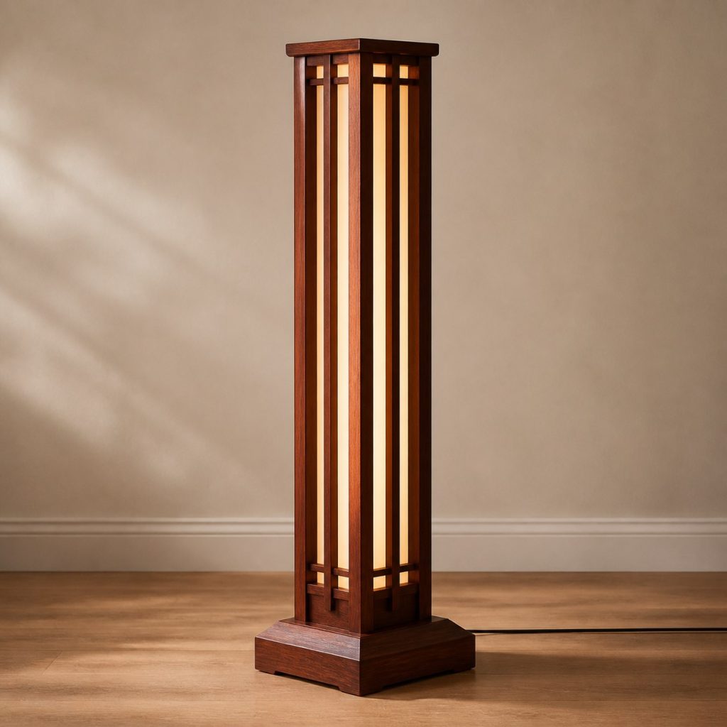 Mahogany Column Floor Lamp shown as an original square photorealistic mahogany wood lamp with authentic grain, warm diffused light, and a short dark power cord