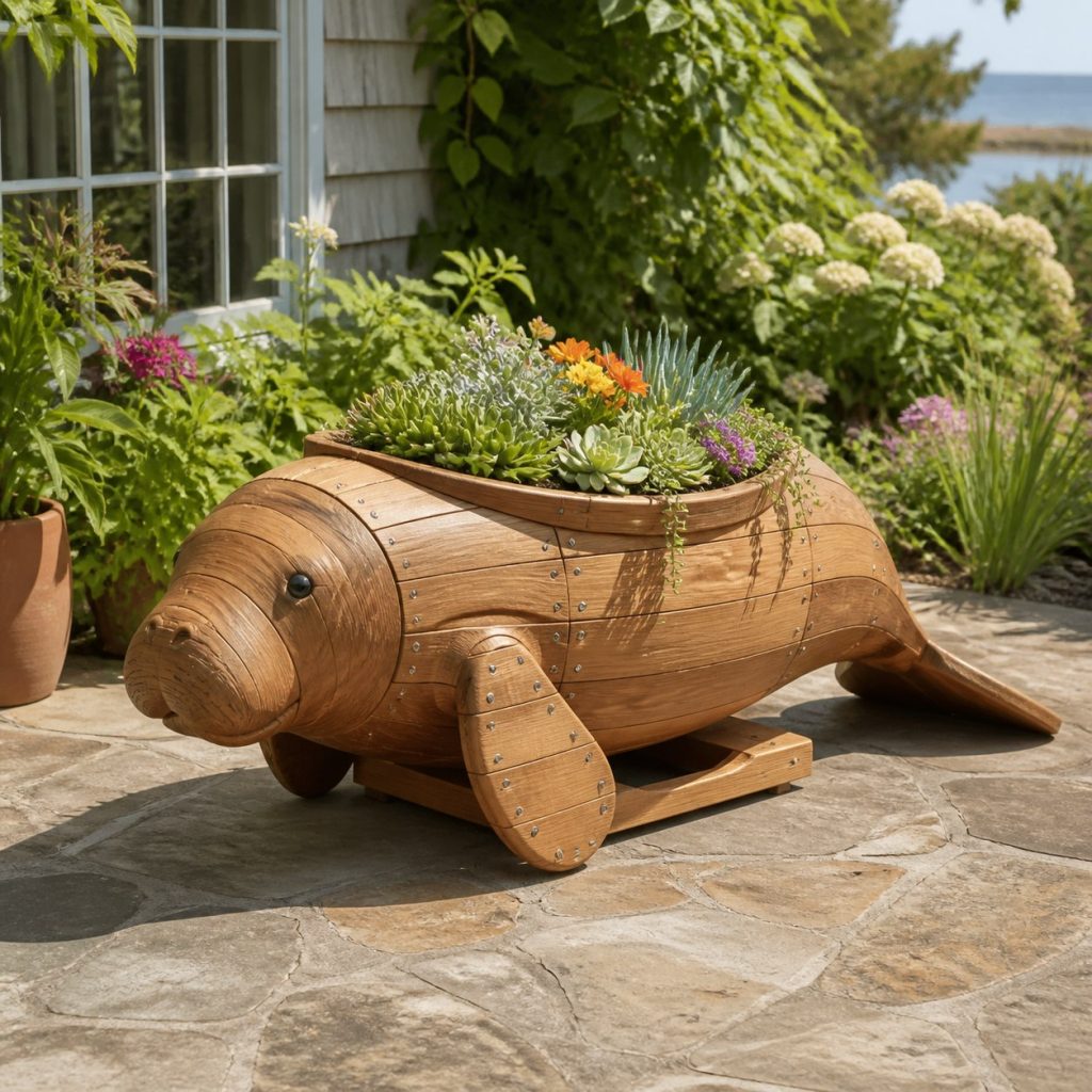 Compact Succulent Manatee shown as a square photorealistic cedar manatee-shaped garden planter filled with flowers