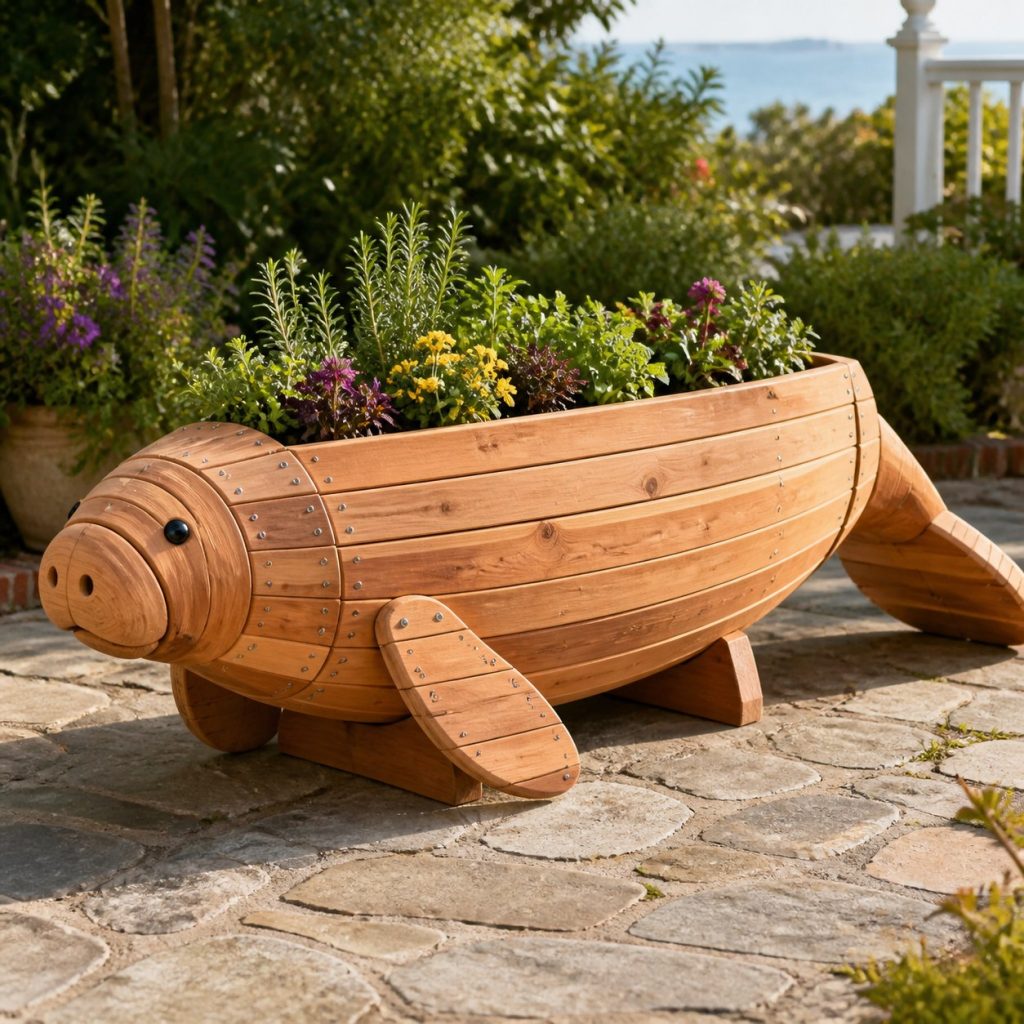 Slatted Herb-Trough Manatee shown as a square photorealistic cedar manatee-shaped garden planter filled with flowers
