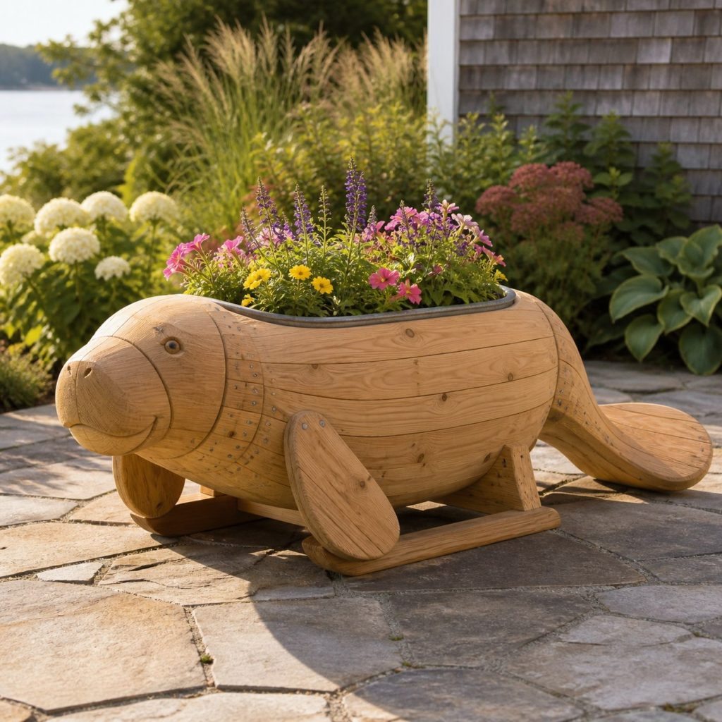 Manatee with Galvanized Liner shown as a square photorealistic cedar manatee-shaped garden planter filled with flowers