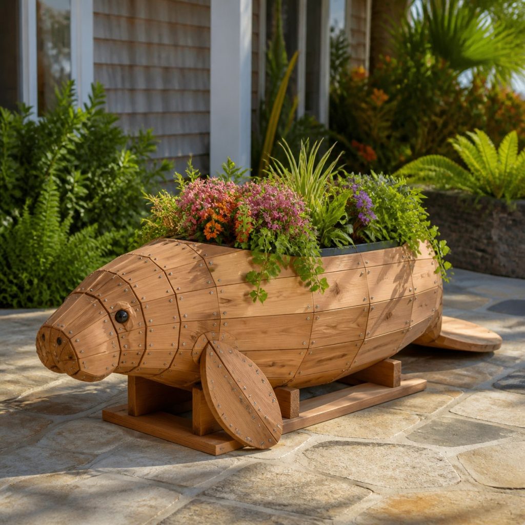 Modern Geometric Manatee shown as a square photorealistic cedar manatee-shaped garden planter filled with flowers