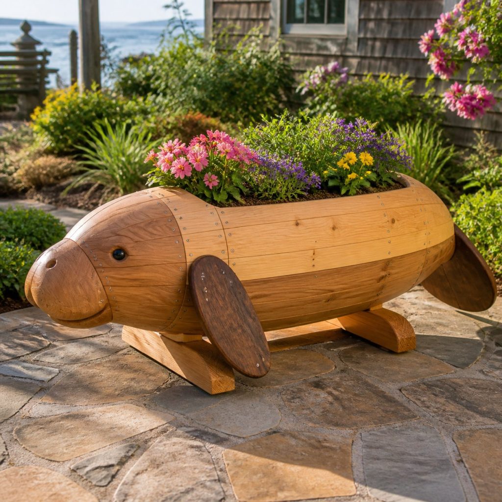 Two-Tone Cedar Manatee shown as a square photorealistic cedar manatee-shaped garden planter filled with flowers