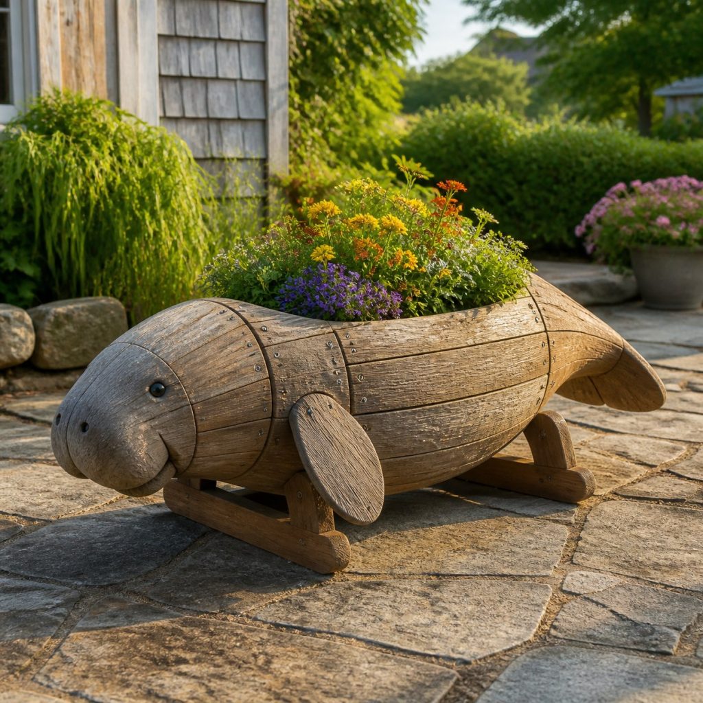 Weathered Cottage Manatee shown as a square photorealistic cedar manatee-shaped garden planter filled with flowers