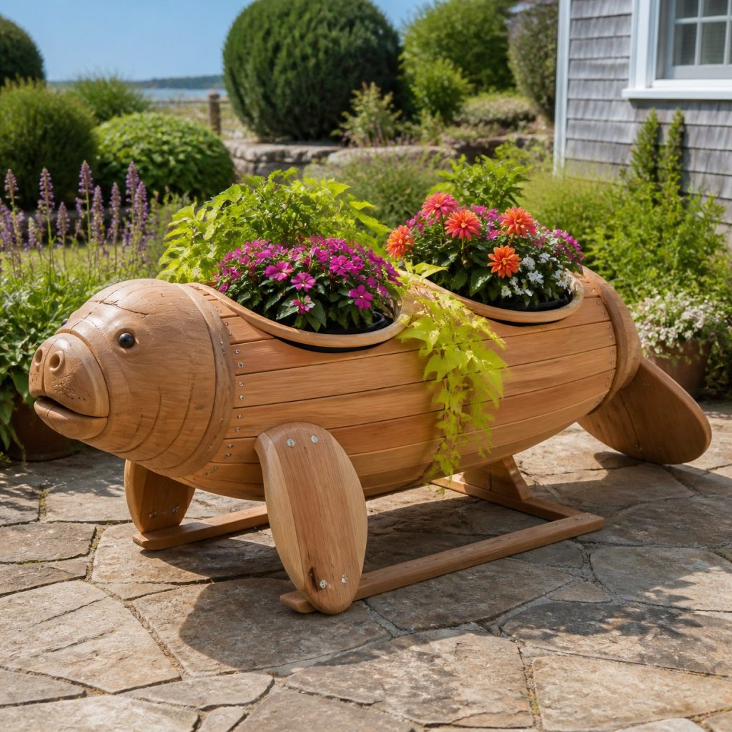Manatee with Twin Flower Pots shown as a square photorealistic cedar manatee-shaped garden planter filled with flowers